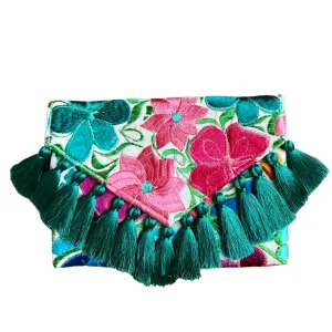 Embroidered Clutch - Luxe Tassels - White   Teal Multicolor