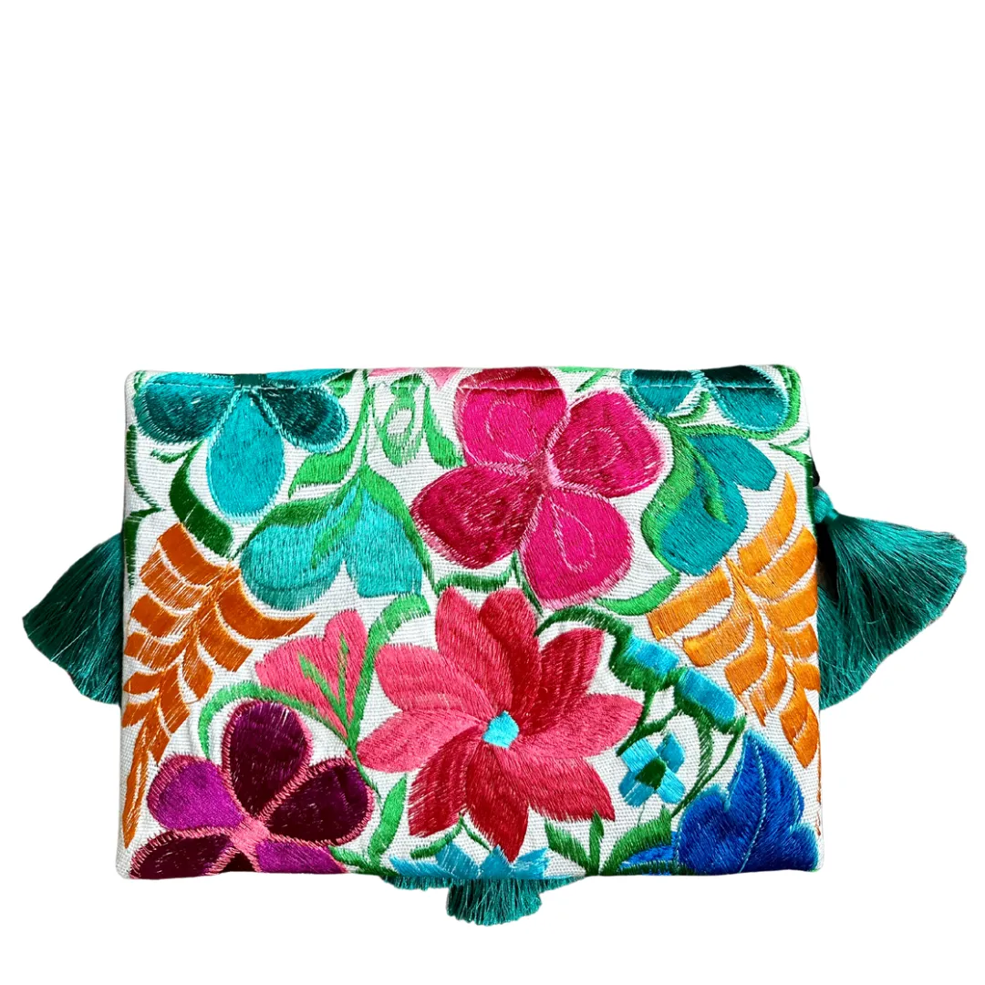 Embroidered Clutch - Luxe Tassels - White   Teal Multicolor