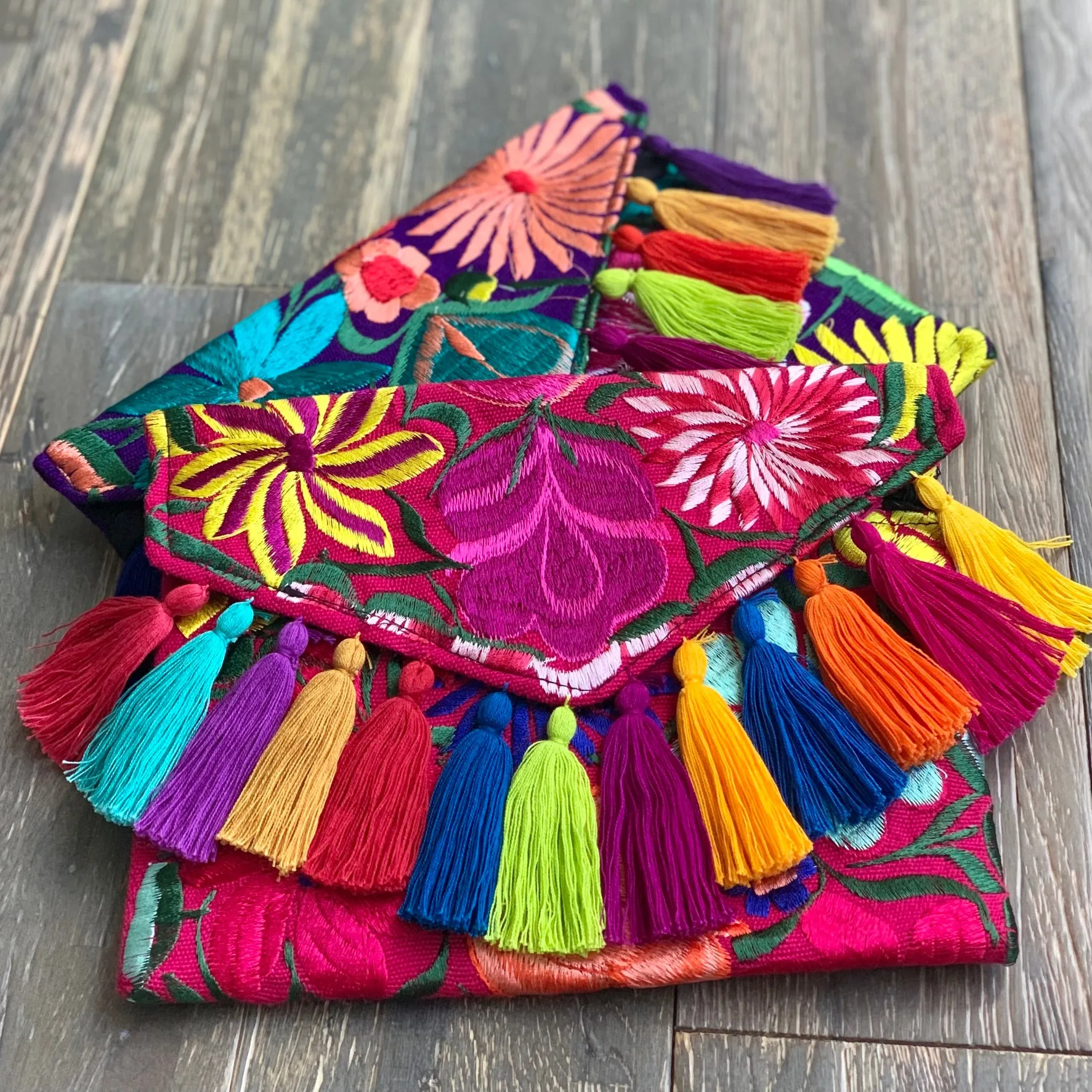 Embroidered Clutch with Tassels - PINK   PURPLE Multicolor