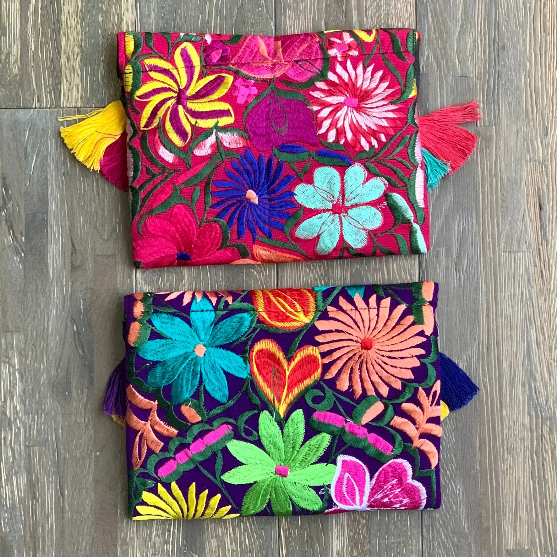 Embroidered Clutch with Tassels - PINK   PURPLE Multicolor