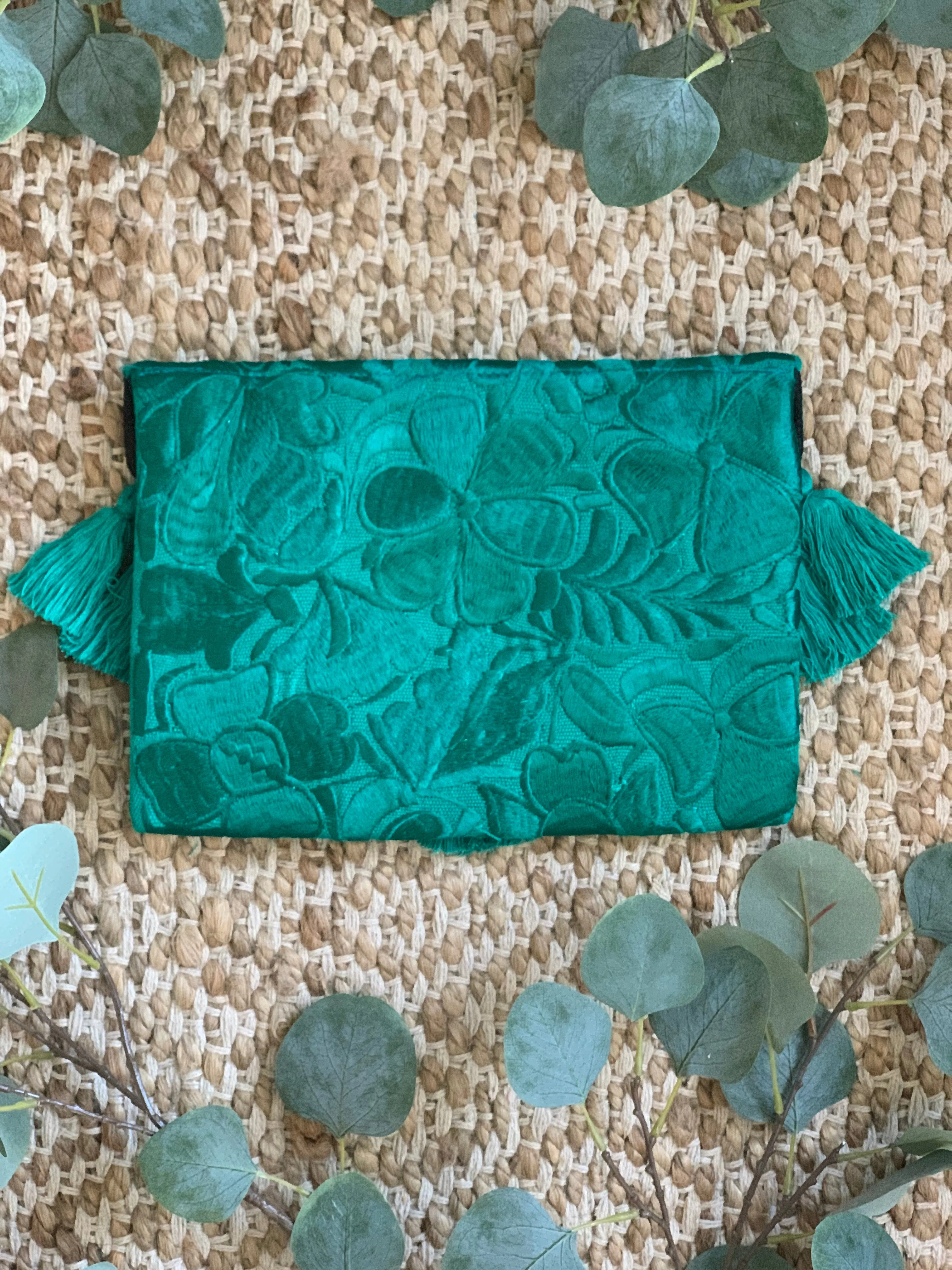 Embroidered Envelope Clutch with Tassels - Emerald
