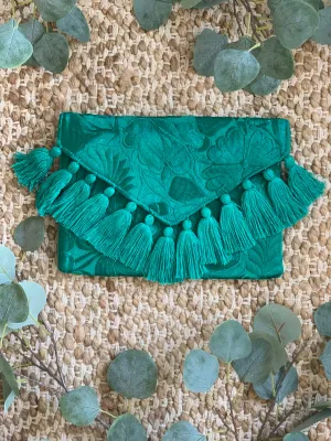 Embroidered Envelope Clutch with Tassels - Emerald