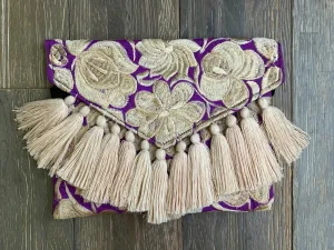 Embroidered Envelope Clutch with Tassels - Purple with Tan