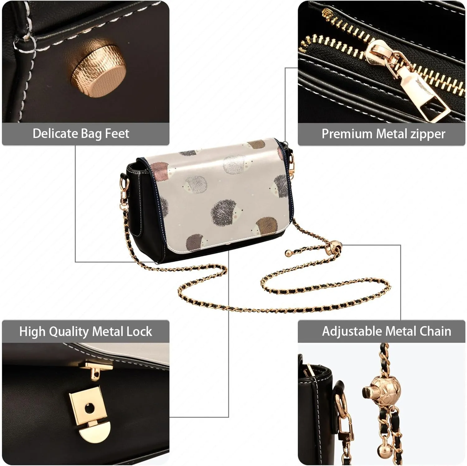 Embroidered Wavy Bohemian Print Women Crossbody Bag Purses Black Shoulder Leather Bags Handbags with Chain Strap