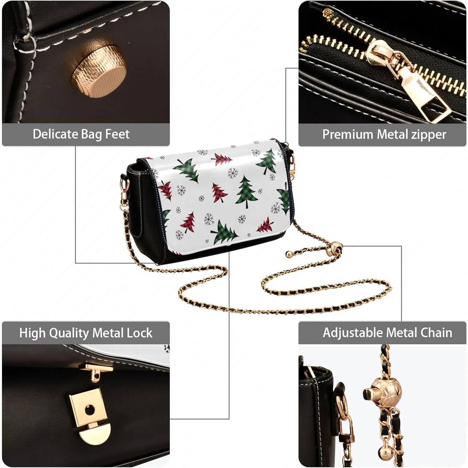 Embroidered Wavy Bohemian Print Women Crossbody Bag Purses Black Shoulder Leather Bags Handbags with Chain Strap