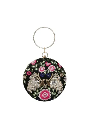 Embroidered Women'S Round Shape Black Clutch