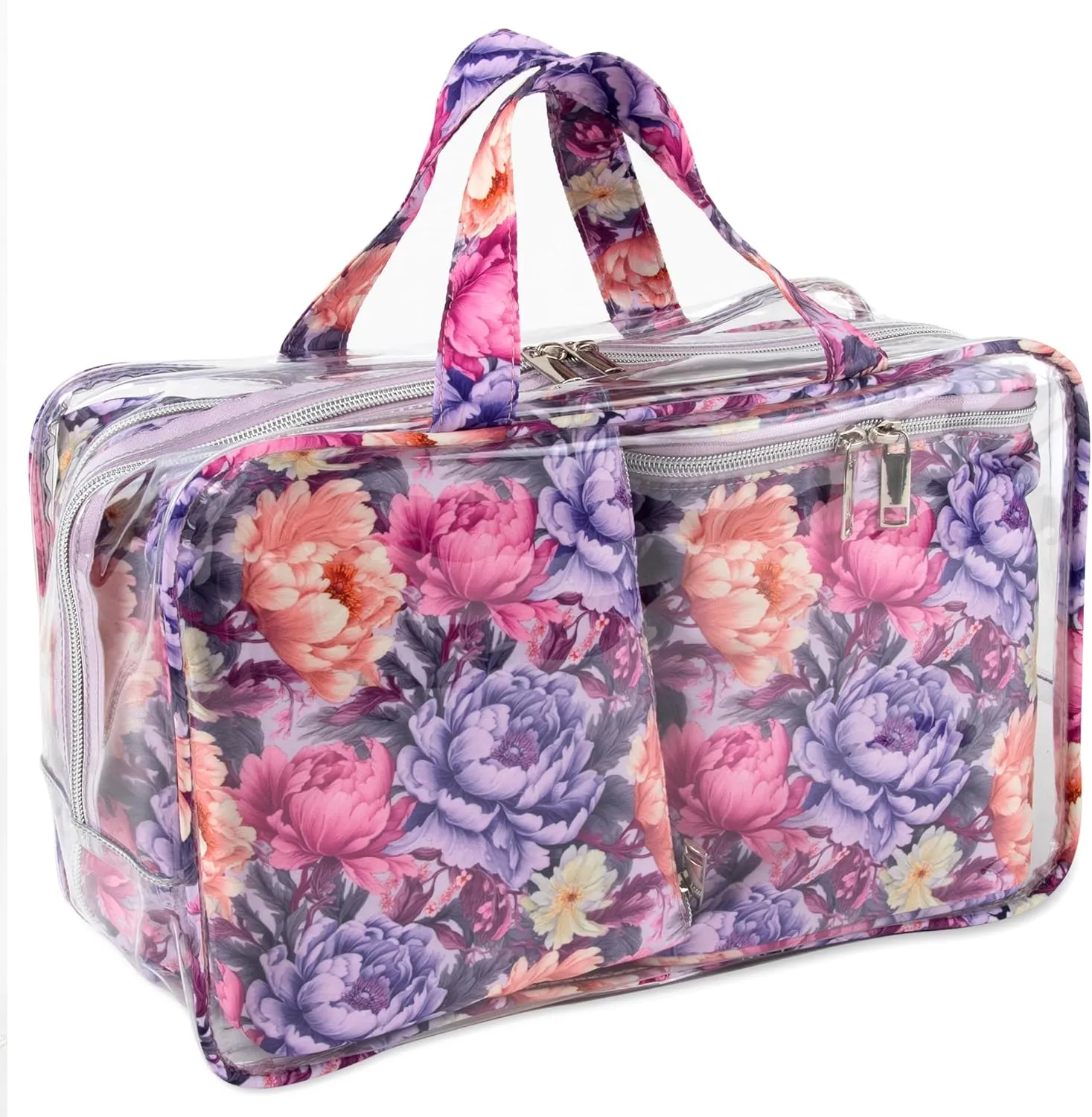 Emma & Chloe Travel Toiletry Bags for Women, 4 Piece Large Waterproof Cosmetic Case Set, Pouch Makeup Organizer Bags for Women, with Handle (Garden Blooms)