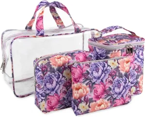 Emma & Chloe Travel Toiletry Bags for Women, 4 Piece Large Waterproof Cosmetic Case Set, Pouch Makeup Organizer Bags for Women, with Handle (Garden Blooms)