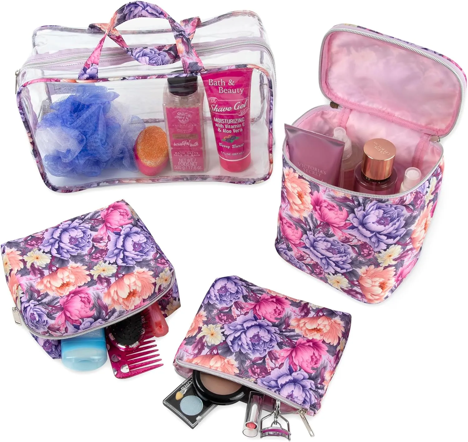 Emma & Chloe Travel Toiletry Bags for Women, 4 Piece Large Waterproof Cosmetic Case Set, Pouch Makeup Organizer Bags for Women, with Handle (Garden Blooms)