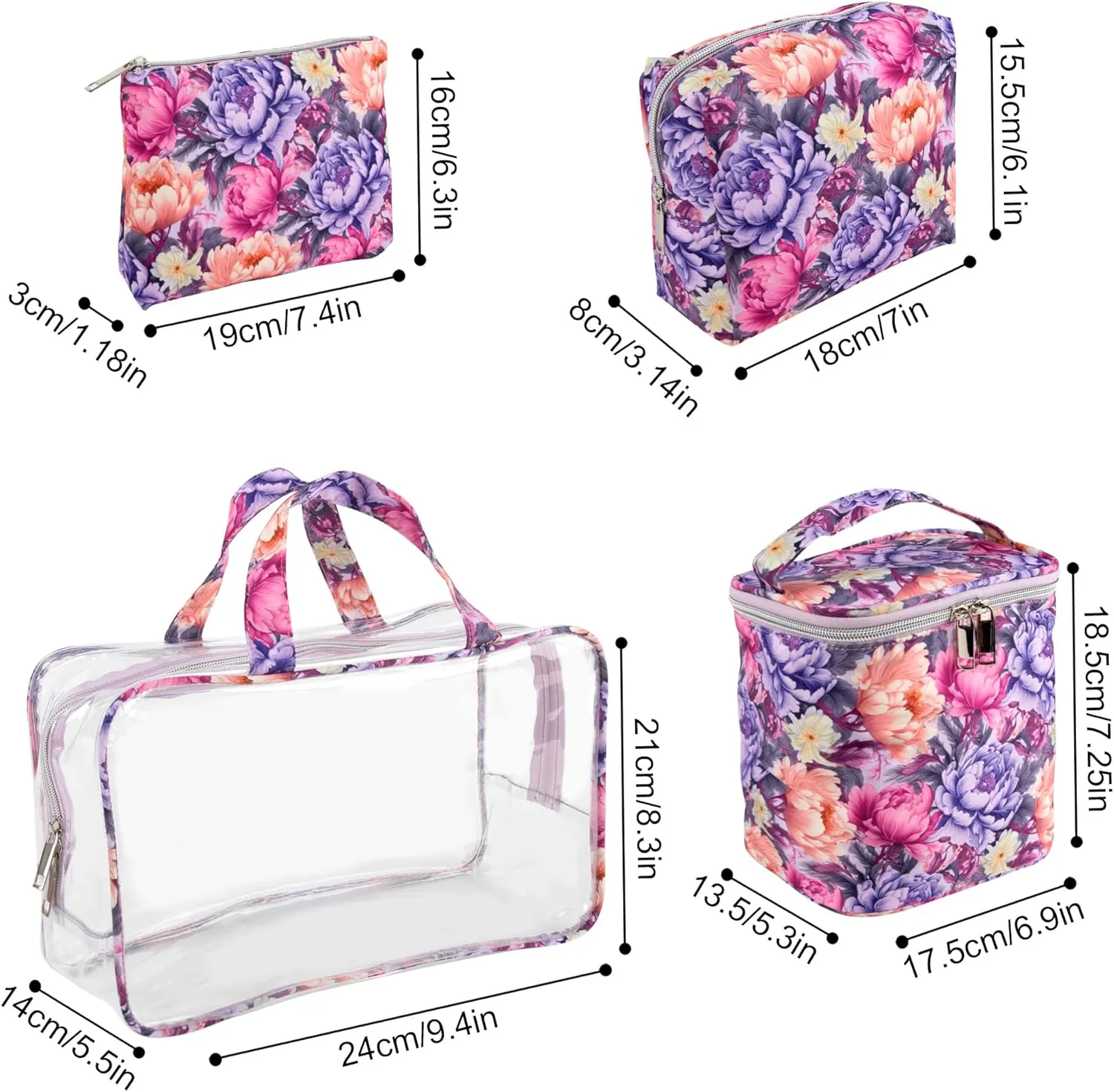 Emma & Chloe Travel Toiletry Bags for Women, 4 Piece Large Waterproof Cosmetic Case Set, Pouch Makeup Organizer Bags for Women, with Handle (Garden Blooms)
