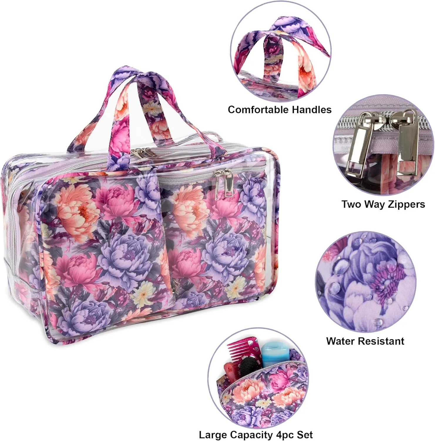 Emma & Chloe Travel Toiletry Bags for Women, 4 Piece Large Waterproof Cosmetic Case Set, Pouch Makeup Organizer Bags for Women, with Handle (Garden Blooms)