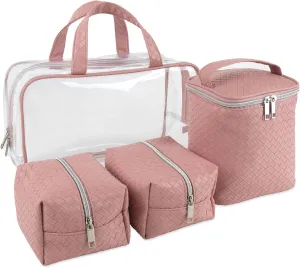 Emma & Chloe Travel Toiletry Bags for Women, 4 Piece Large Waterproof Cosmetic Case Set, Pouch Makeup Organizer Bags for Women, with Handle (Pretty Woven Pink)