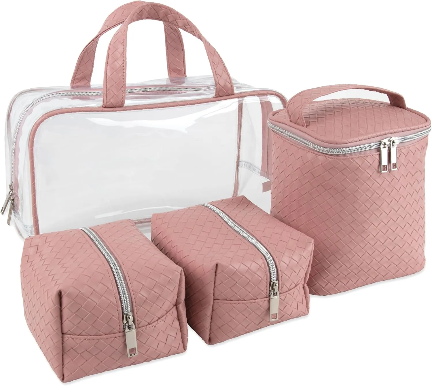 Emma & Chloe Travel Toiletry Bags for Women, 4 Piece Large Waterproof Cosmetic Case Set, Pouch Makeup Organizer Bags for Women, with Handle (Pretty Woven Pink)