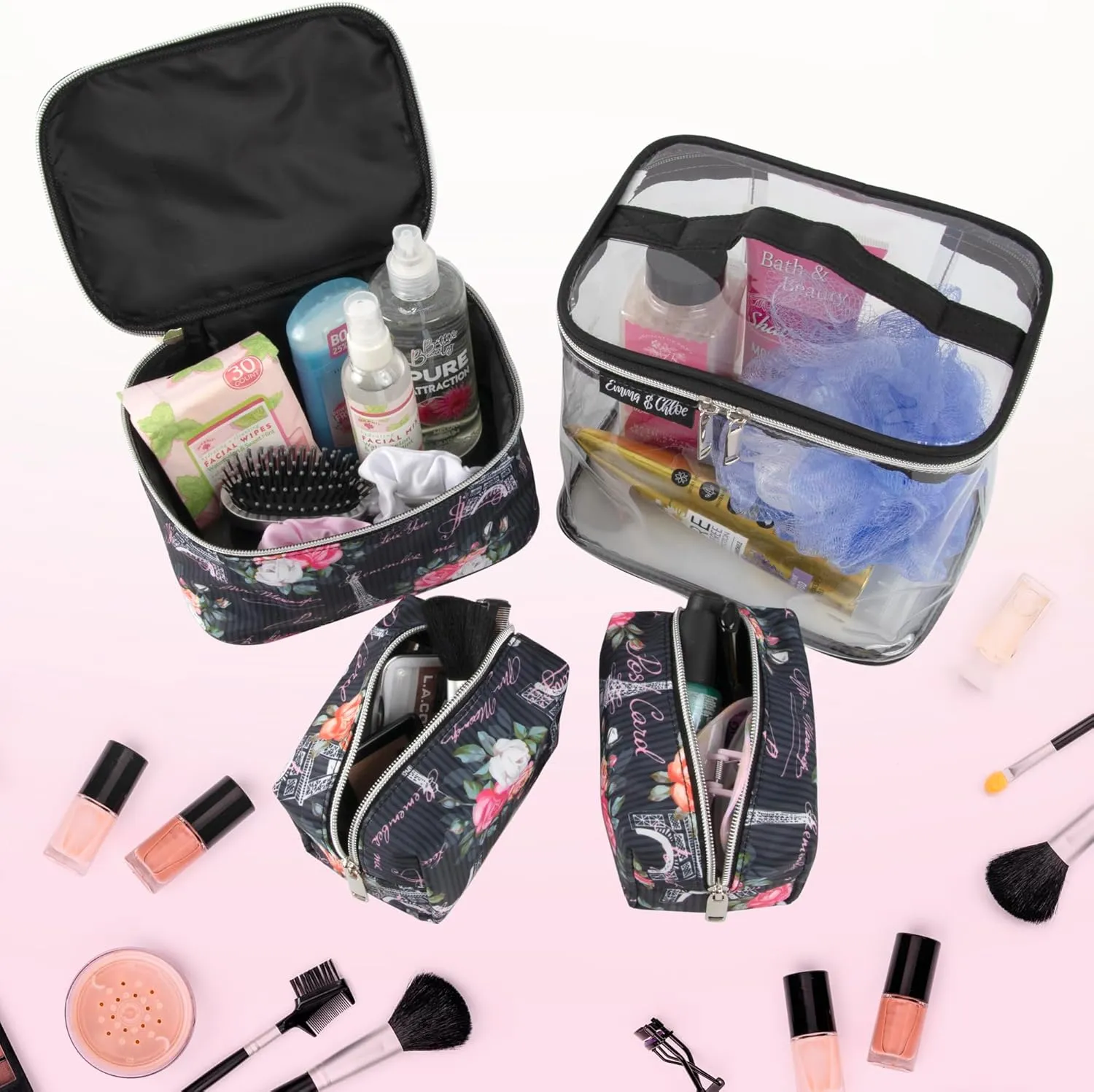 Emma & Chloe Travel Toiletry Bags for Women, 4 Piece Waterproof Cosmetic Case, Set, Pouch Makeup Organizer Bags for Women, Home Counters (Postcards from Paris)