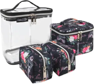 Emma & Chloe Travel Toiletry Bags for Women, 4 Piece Waterproof Cosmetic Case, Set, Pouch Makeup Organizer Bags for Women, Home Counters (Postcards from Paris)