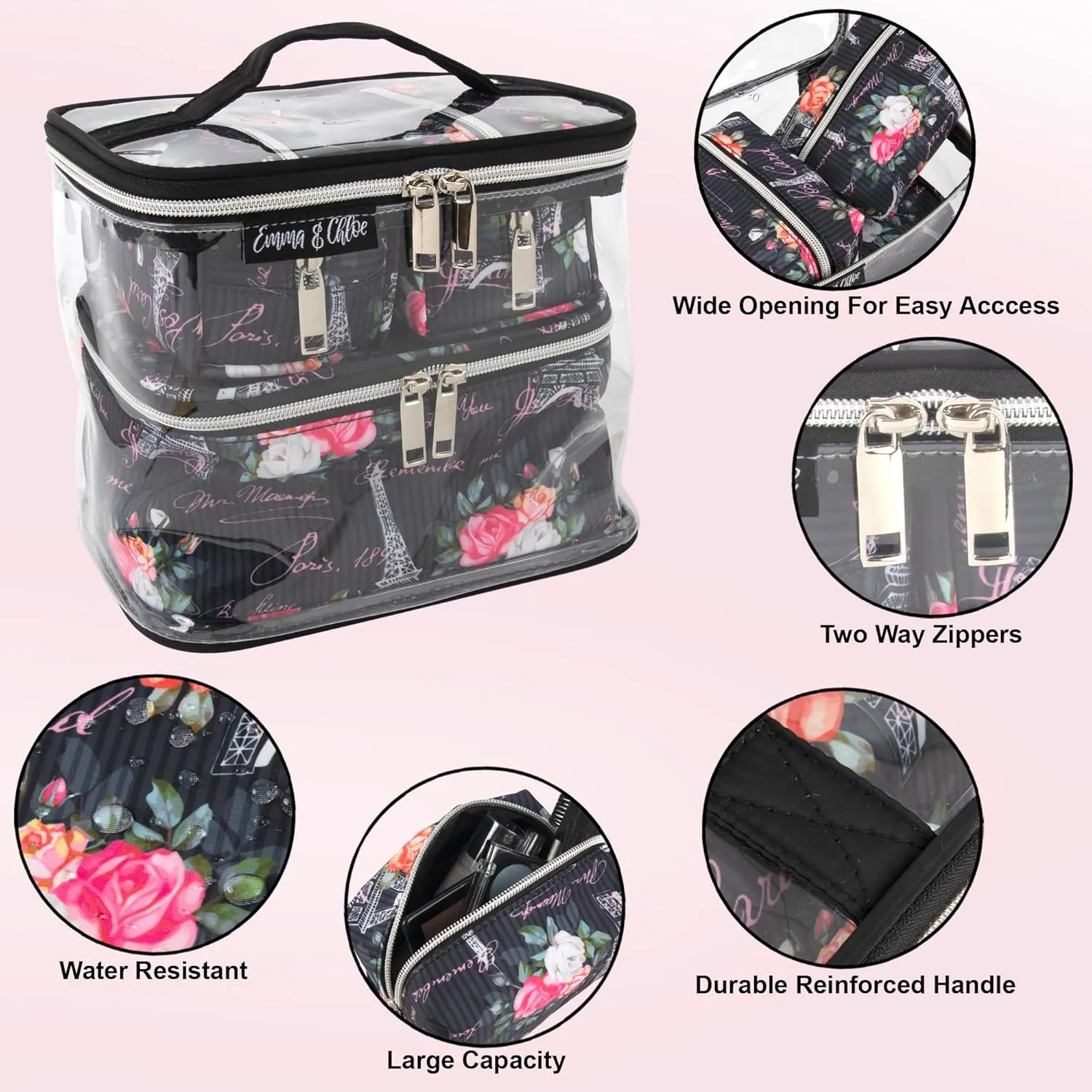 Emma & Chloe Travel Toiletry Bags for Women, 4 Piece Waterproof Cosmetic Case, Set, Pouch Makeup Organizer Bags for Women, Home Counters (Postcards from Paris)