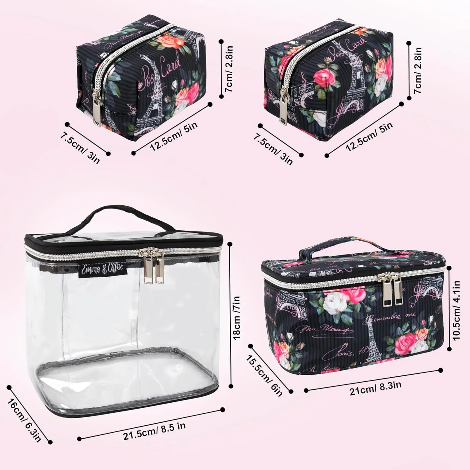 Emma & Chloe Travel Toiletry Bags for Women, 4 Piece Waterproof Cosmetic Case, Set, Pouch Makeup Organizer Bags for Women, Home Counters (Postcards from Paris)