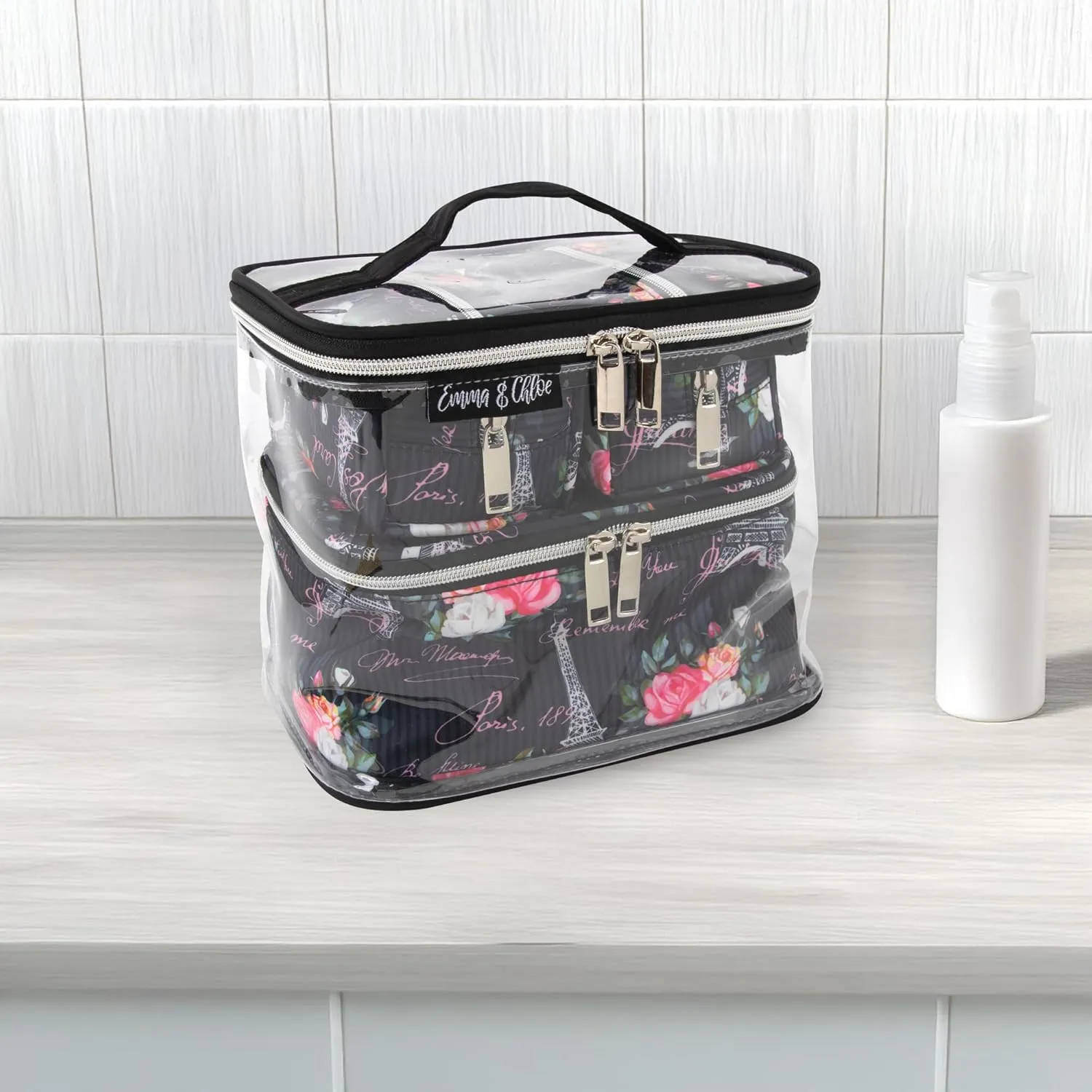 Emma & Chloe Travel Toiletry Bags for Women, 4 Piece Waterproof Cosmetic Case, Set, Pouch Makeup Organizer Bags for Women, Home Counters (Postcards from Paris)
