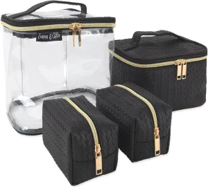 Emma & Chloe Travel Toiletry Bags for Women, 4 Piece Waterproof Cosmetic Case, Set, Pouch Makeup Organizer Bags for Women, Home Counters (Sleek Black Chevron)