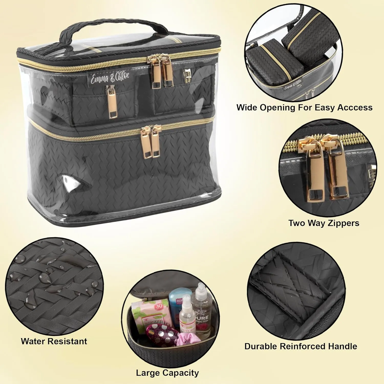 Emma & Chloe Travel Toiletry Bags for Women, 4 Piece Waterproof Cosmetic Case, Set, Pouch Makeup Organizer Bags for Women, Home Counters (Sleek Black Chevron)
