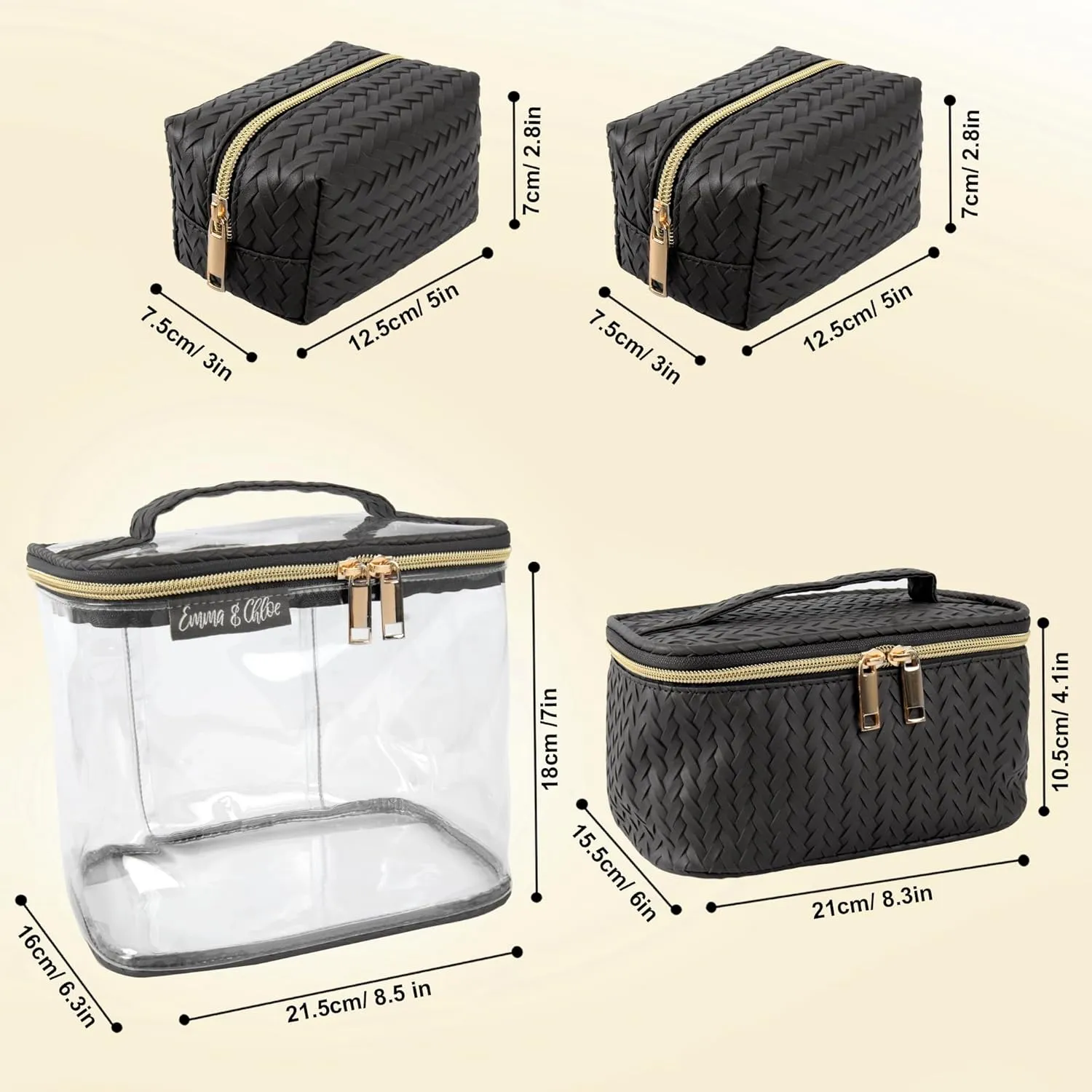 Emma & Chloe Travel Toiletry Bags for Women, 4 Piece Waterproof Cosmetic Case, Set, Pouch Makeup Organizer Bags for Women, Home Counters (Sleek Black Chevron)