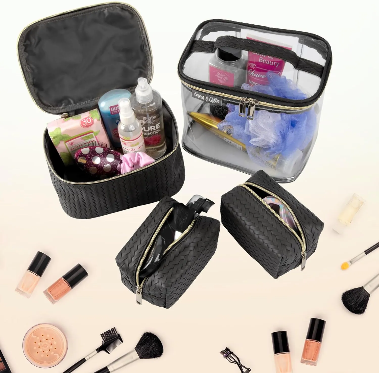 Emma & Chloe Travel Toiletry Bags for Women, 4 Piece Waterproof Cosmetic Case, Set, Pouch Makeup Organizer Bags for Women, Home Counters (Sleek Black Chevron)