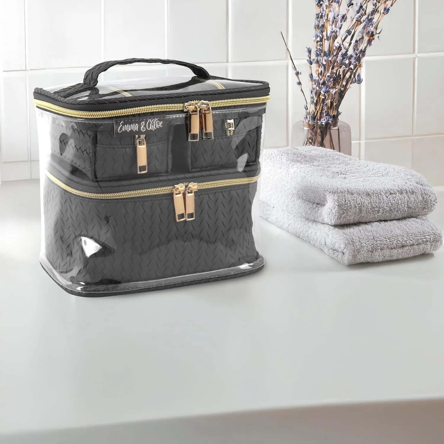 Emma & Chloe Travel Toiletry Bags for Women, 4 Piece Waterproof Cosmetic Case, Set, Pouch Makeup Organizer Bags for Women, Home Counters (Sleek Black Chevron)