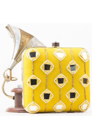 Engaging Art Silk Embroidered Yellow Color Clutch
