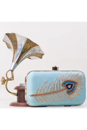 Engaging Sky Blue Color Embroidered Art Silk Clutch