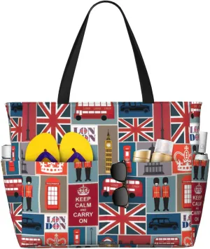 England Symbols Print Tote Bag Travel Companion For Beach Vacation Picnic & Daily Sporting Activities