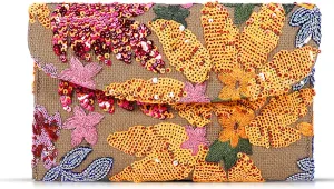 Envelope Package, Clutch Purses for Women, Sequin Embroidered Flowers Straw Bag, Bohemian Handmade Handbags, Beach Bag for Vacation, Travel, Banquet (Orange Flower)