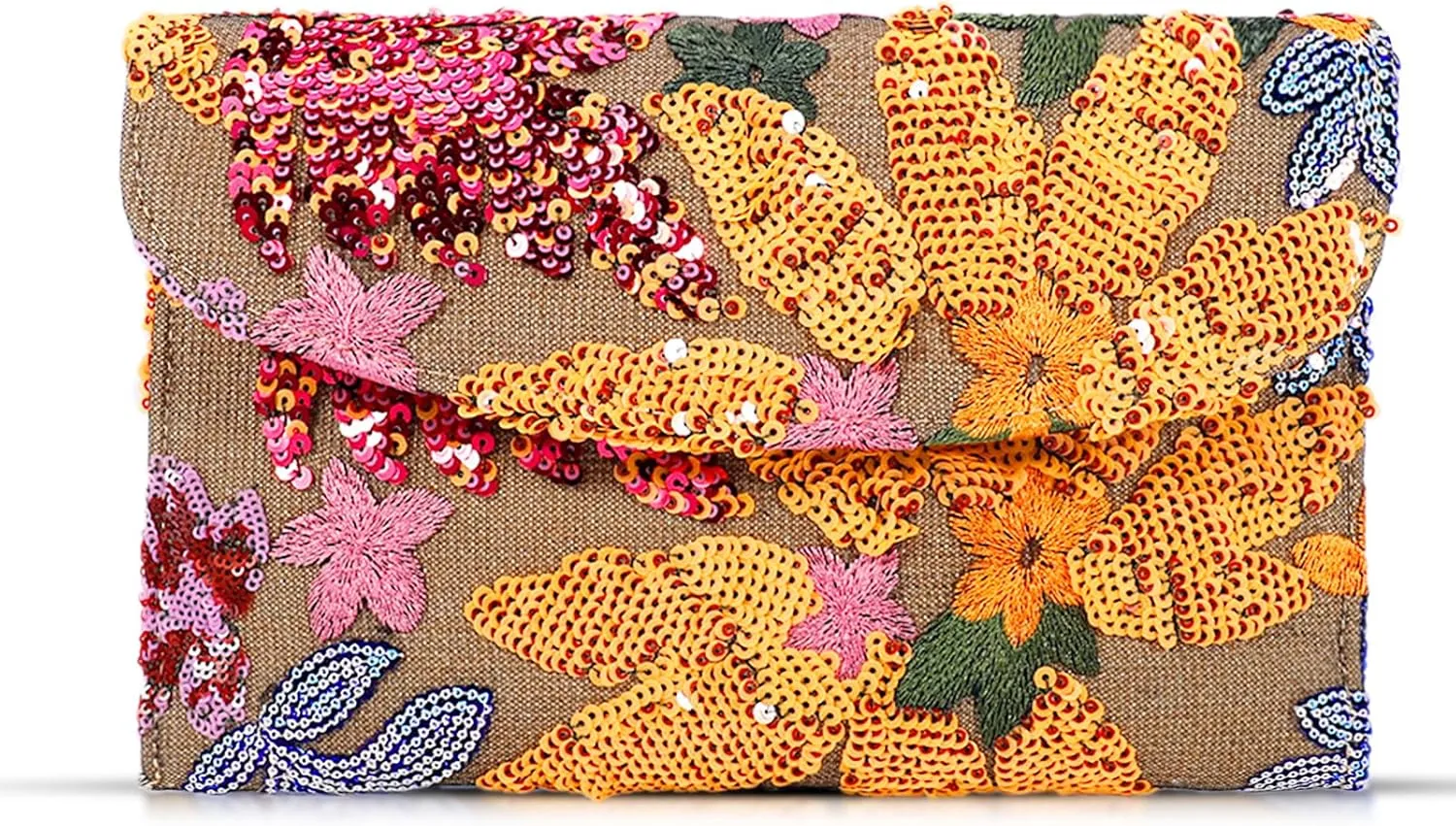 Envelope Package, Clutch Purses for Women, Sequin Embroidered Flowers Straw Bag, Bohemian Handmade Handbags, Beach Bag for Vacation, Travel, Banquet (Orange Flower)