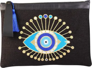 Evil Eye Embroidery Black Jute Clutch Bag Sun Beach Summer Style, Medium