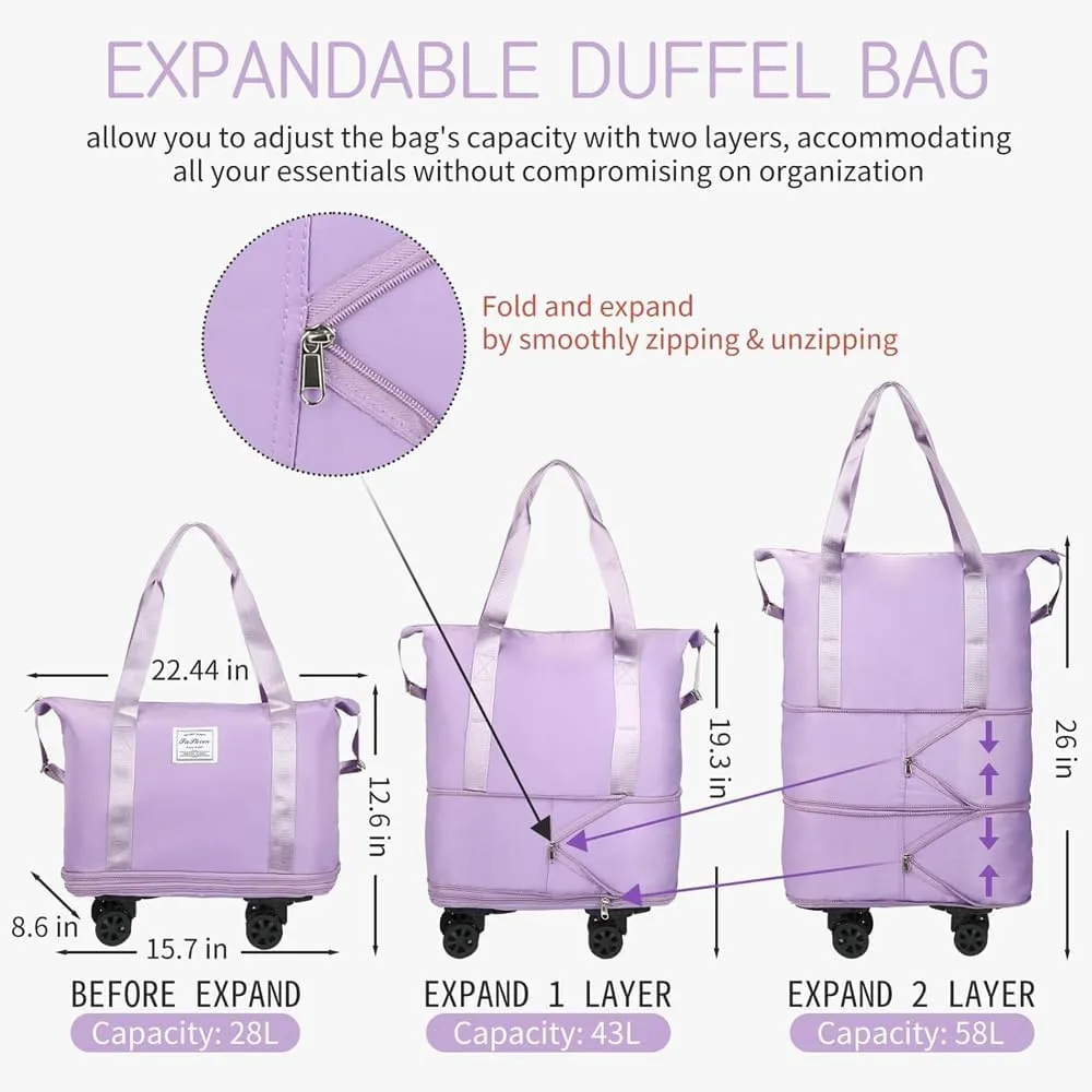 Expandable Carry On Luggage Bag Rolling Duffle Bag with Wheels Foldable Duffle Bag for Travel Weekend Bag for Women (Grey)