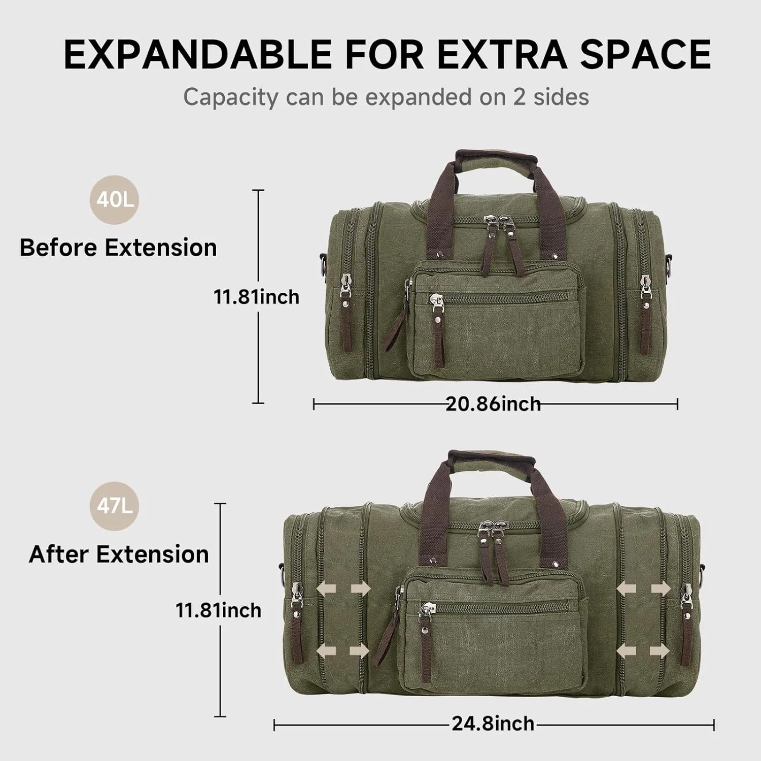 Expandable Duffle Bag for Men, Canvas Travel Bag Weekender Overnight Bag,Mens Gym Carry on Duffel Bags（olive）