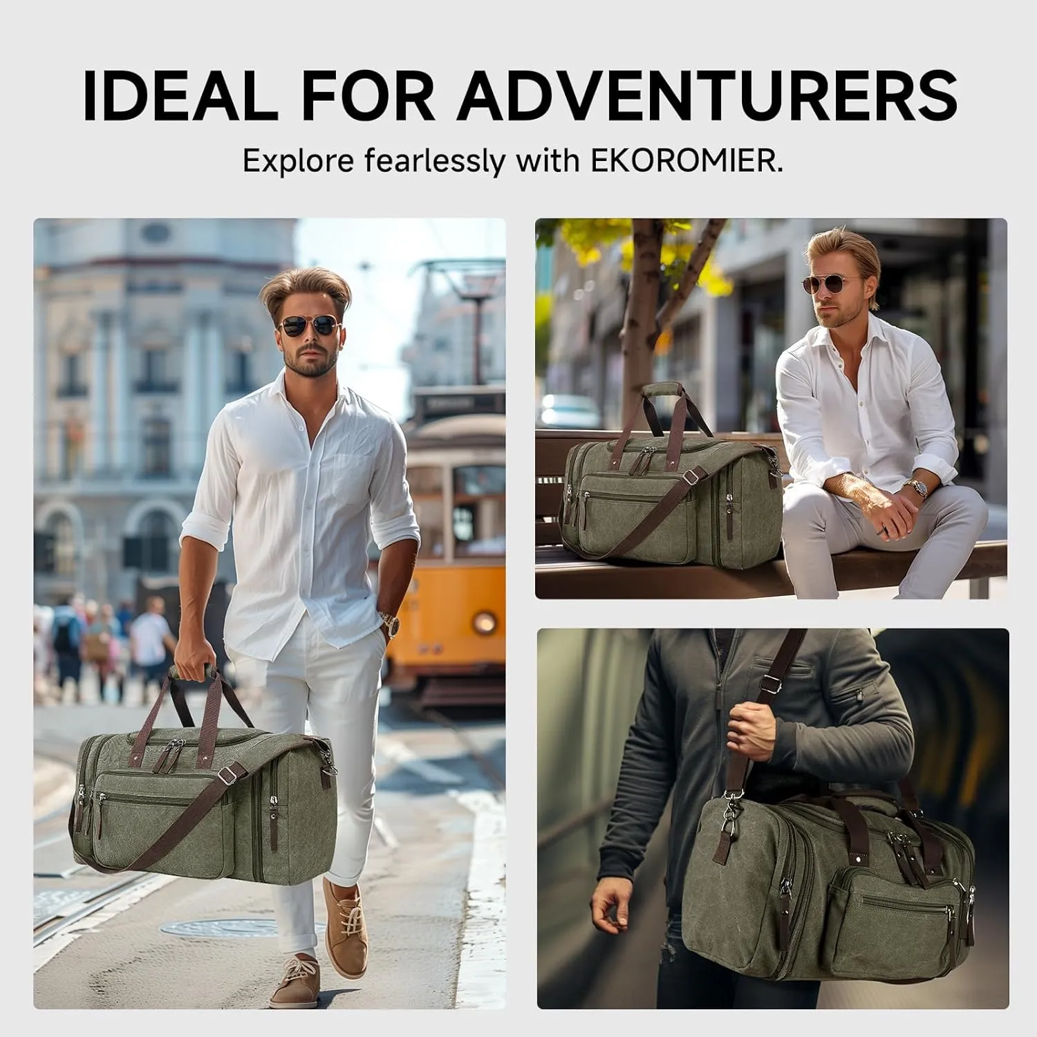 Expandable Duffle Bag for Men, Canvas Travel Bag Weekender Overnight Bag,Mens Gym Carry on Duffel Bags（olive）