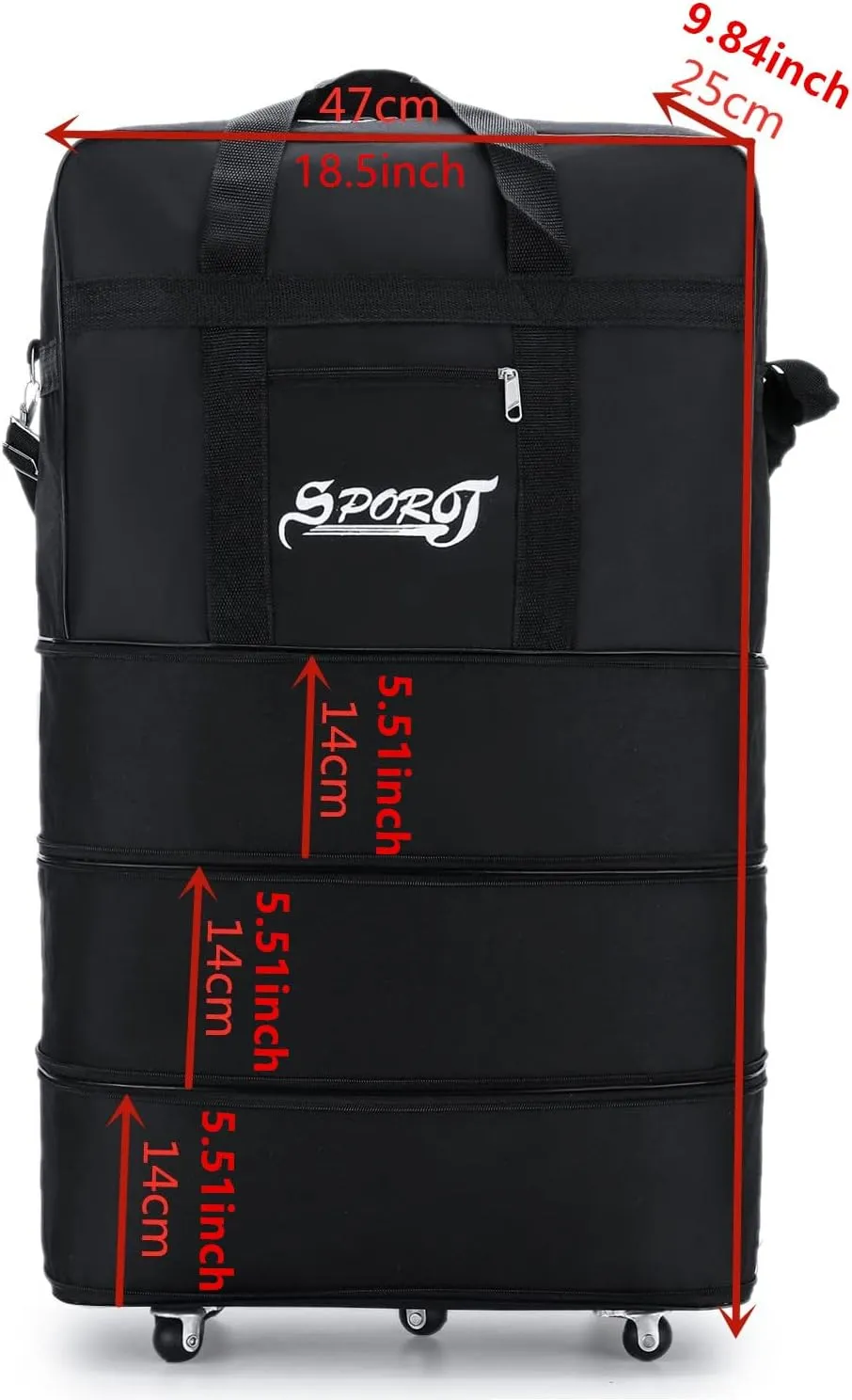 Expandable Extra Large Travel Oxford Duffel Bag with Wheels Waterproof Lightweight Traveling Foldable Suitcase (Black, M)
