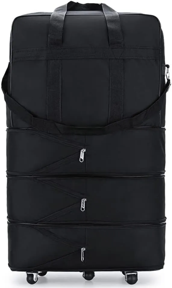 Expandable Extra Large Travel Oxford Duffel Bag with Wheels Waterproof Lightweight Traveling Foldable Suitcase (Black, M)