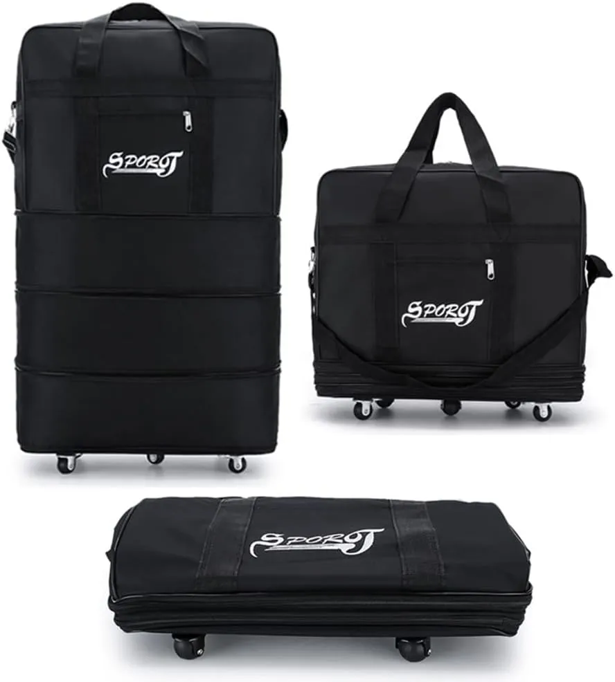 Expandable Extra Large Travel Oxford Duffel Bag with Wheels Waterproof Lightweight Traveling Foldable Suitcase (Black, M)