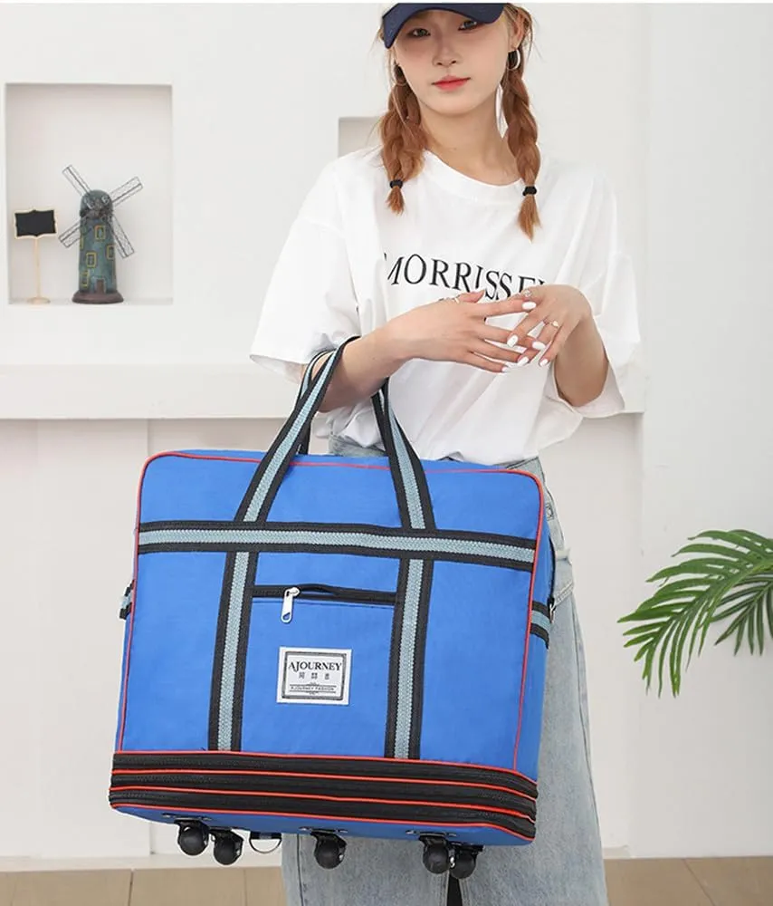 Expandable Extra Large Travel Oxford Duffel Bag with Wheels Waterproof Lightweight Traveling Foldable Suitcase (Blue, L*W: 48 * 25cm, H:42—80cm)