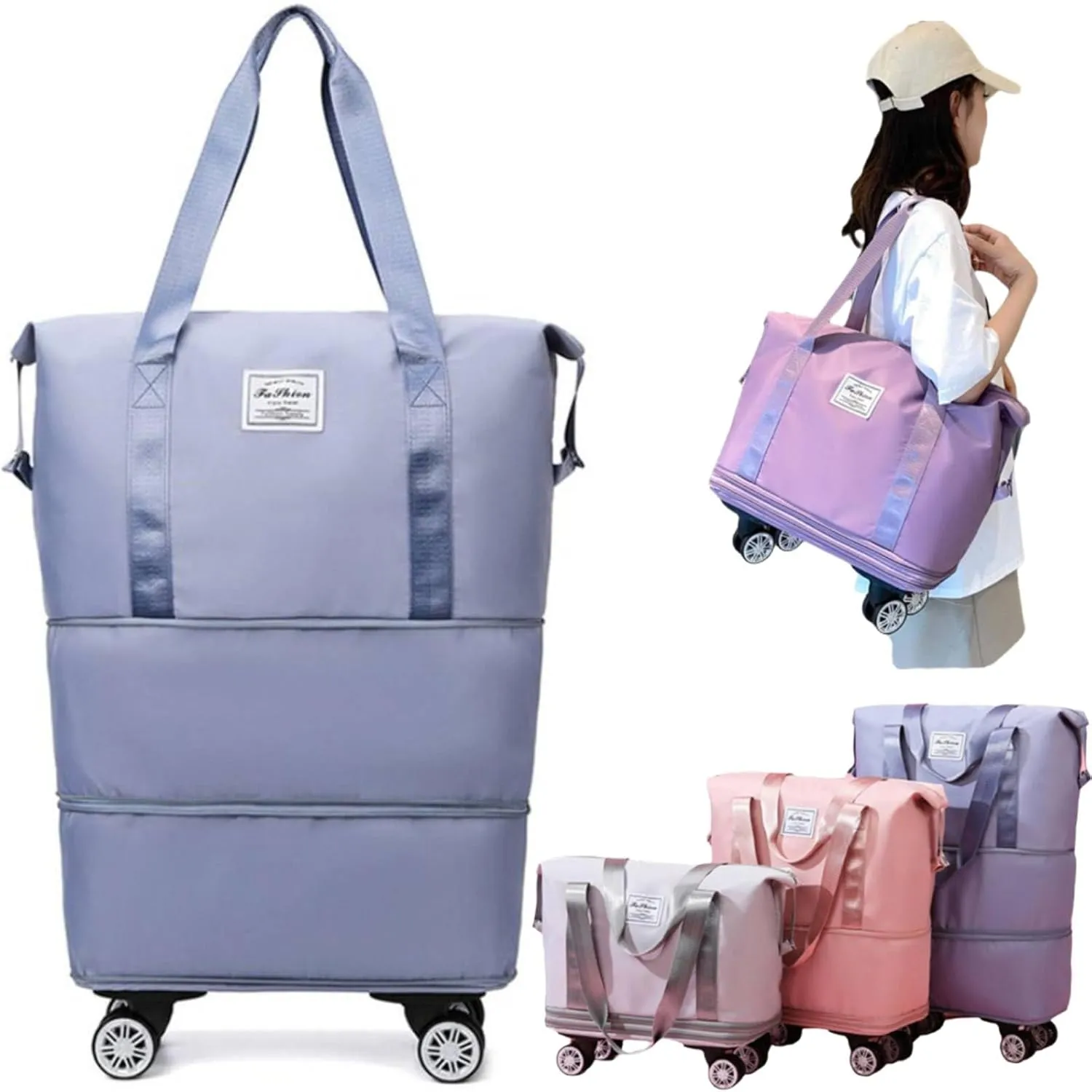 Expandable Rolling Duffel Bag with Wheels, Foldable Duffel Bag for Travel, Carry on Bag with Wheels Luggage Travel Bag Detachable Wheel Duffel Bag for Shopping Travel Outdoor, Dry Wet Holdall Luggage