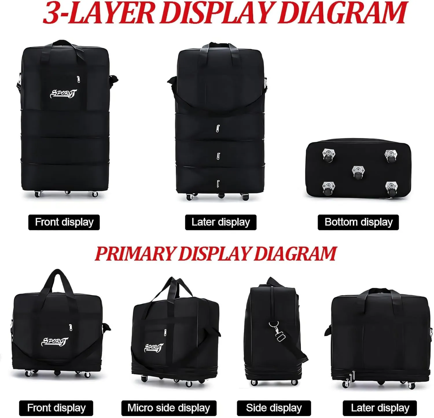 Expandable Rolling Wheeled Duffel Bag - Spinner Suitcase Luggage for Travel, Large Capacity Weekend Bag for Men & Women, 30 Inch, Waterproof, Lightweight, Foldable, Camo