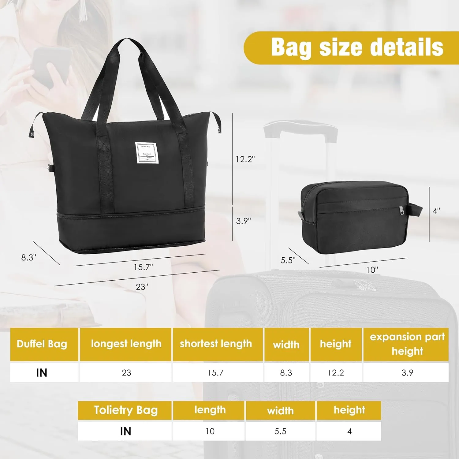 Expandable Softside Luggage Sets, 3 Piece Suitcase with Duffel Bag, Upright Spinner Suitcase Sets, Lightweight Durable Softshell Travel Set TSA Lock, 20"/24"/28", Black