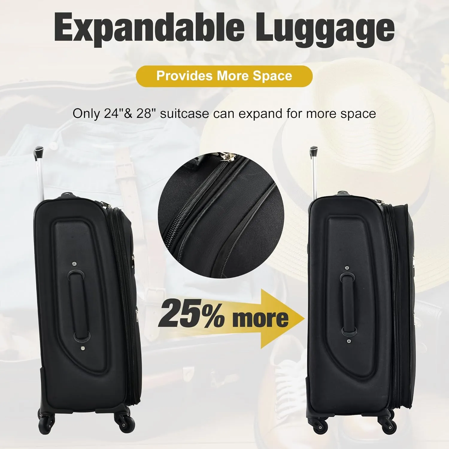 Expandable Softside Luggage Sets, 3 Piece Suitcase with Duffel Bag, Upright Spinner Suitcase Sets, Lightweight Durable Softshell Travel Set TSA Lock, 20"/24"/28", Black