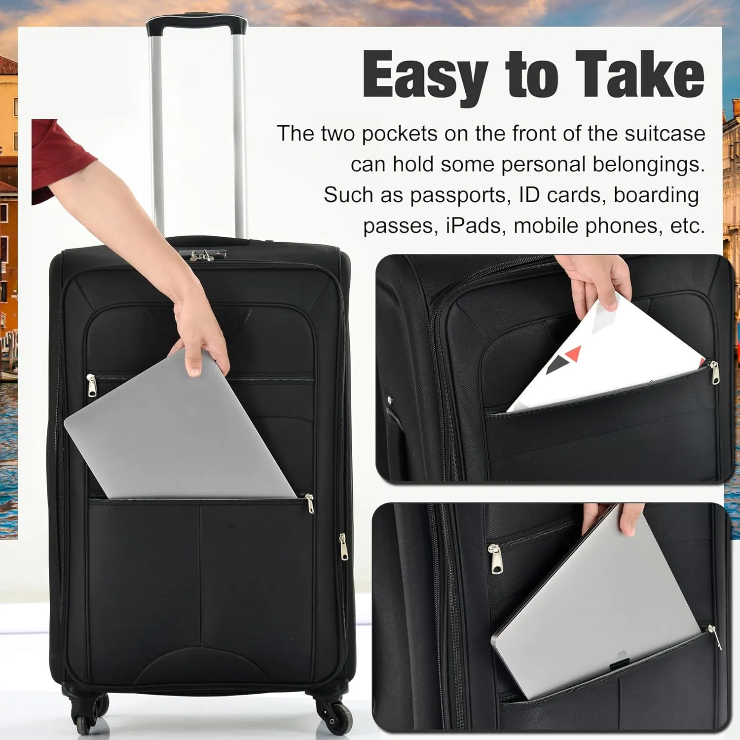 Expandable Softside Luggage Sets, 3 Piece Suitcase with Duffel Bag, Upright Spinner Suitcase Sets, Lightweight Durable Softshell Travel Set TSA Lock, 20"/24"/28", Black