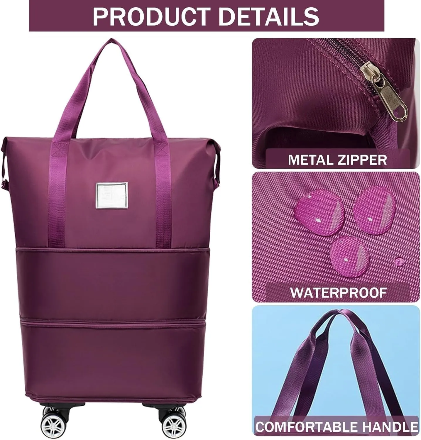 Expandable Travel Duffel Bag with Wheels,Large Rolling Capacity Travel Bag,Detachable Casters Wheeled Weekender Bag for Luggage