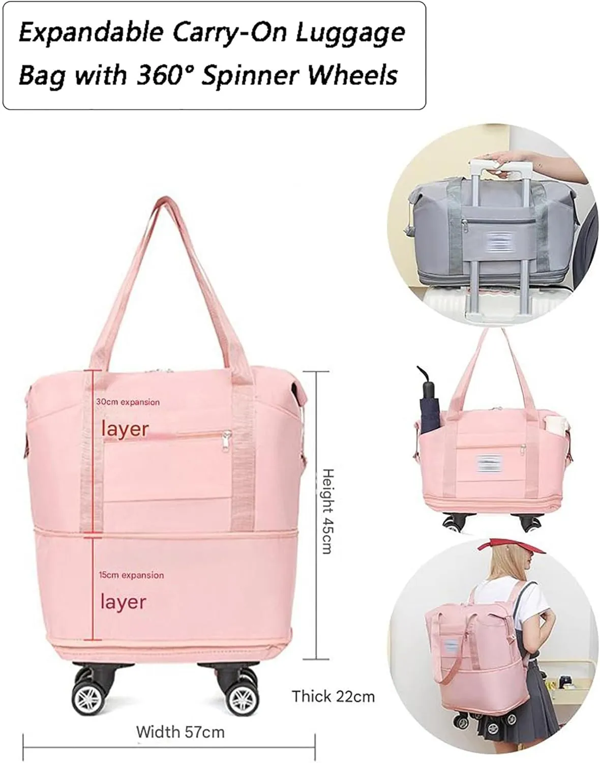 Expandable Wheeled Duffel Bag - Collapsible Luggage with 360° Silent Spinner Wheels & Retractable Handle, Water-Resistant Rolling Gym Bag for Travel/Fitness(Green)