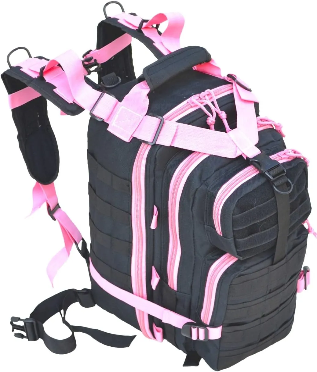 Explorer B3-PinkExplorer Tactical 72 Hours Combat Rucksack 17 Inch Backpack-Black with Pick Stripes, Black with Pink Strips, 17" X 9" X 11"