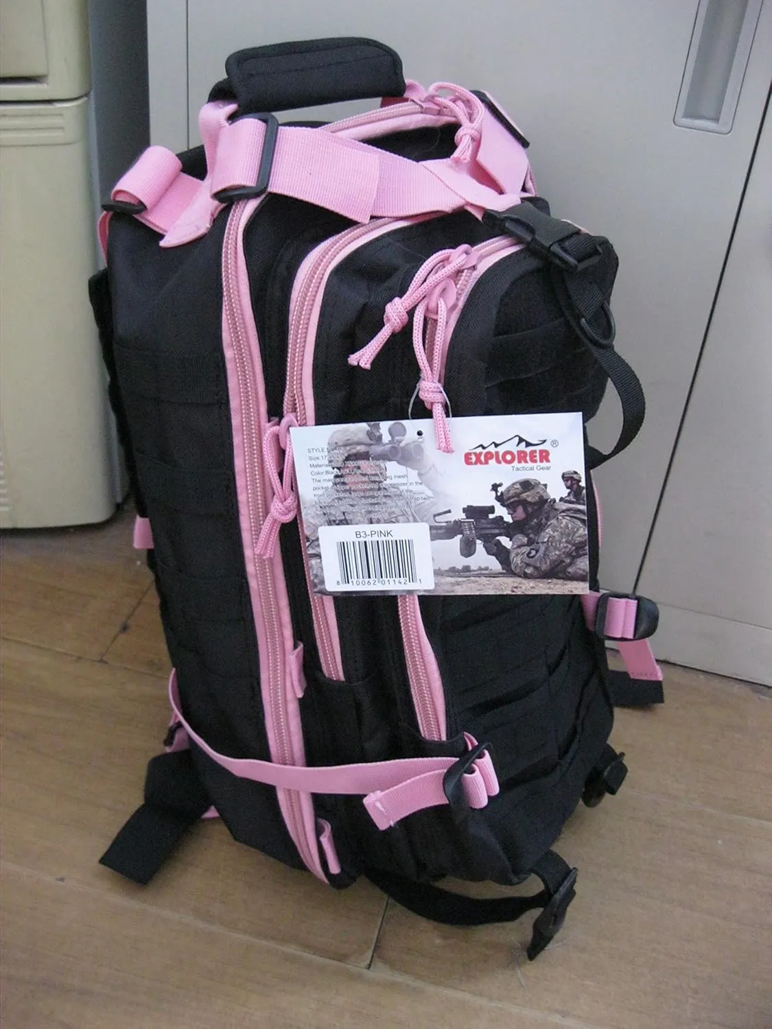 Explorer B3-PinkExplorer Tactical 72 Hours Combat Rucksack 17 Inch Backpack-Black with Pick Stripes, Black with Pink Strips, 17" X 9" X 11"