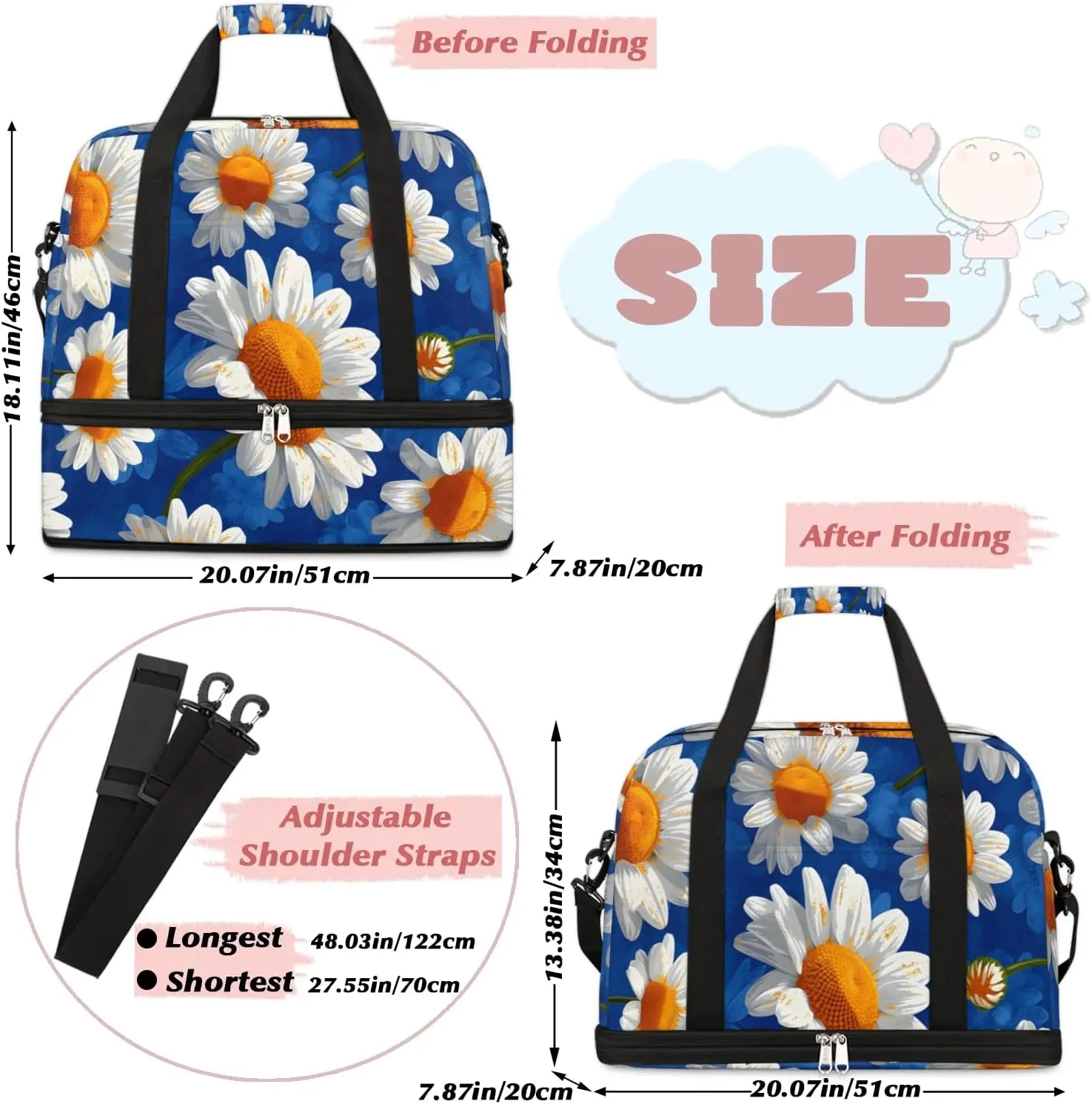 Exquisite Daisy Printing Colorful Travel Duffle Bag, Collapsible Travel Bag Sports Gym Bag With Shoes Compartment Weekender Bag Overnight Bag For Women Men